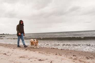 Spaziergang mit Hund am Strand